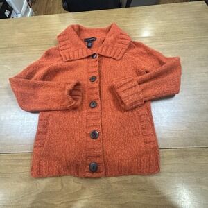 Mandarin Blue Cardigan Sweater Womens Large Orange Wool Angora Collared Pockets
